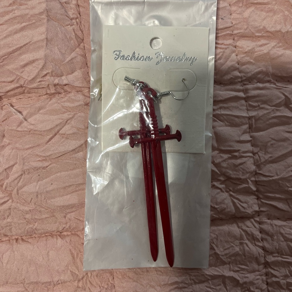 Red Sword-Shaped Dangle Earrings – Unique Statement Jewelry